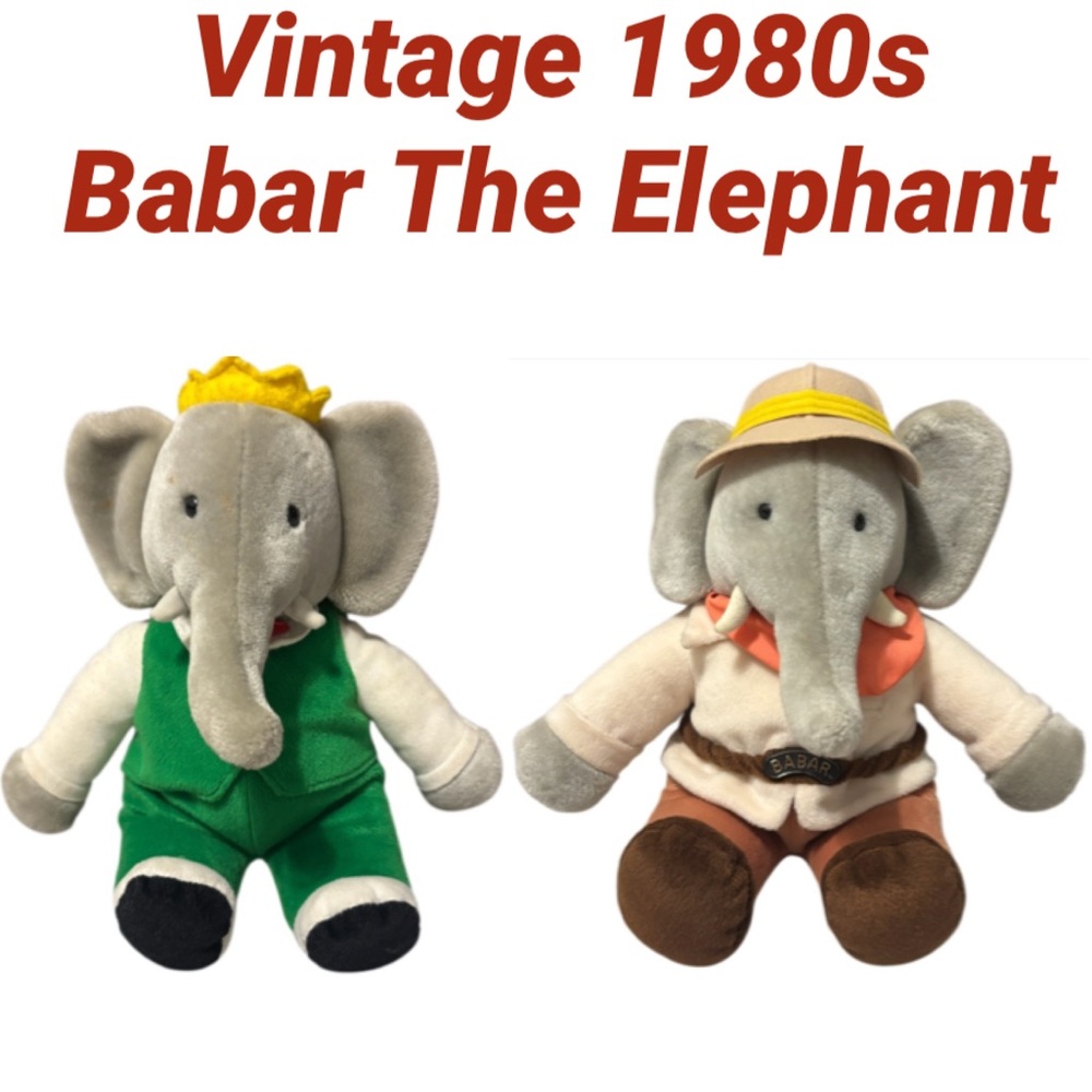 Vintage 80s Barbar Elephant Rare Vintage Plush Toys Lot Animals Gray Green Brown